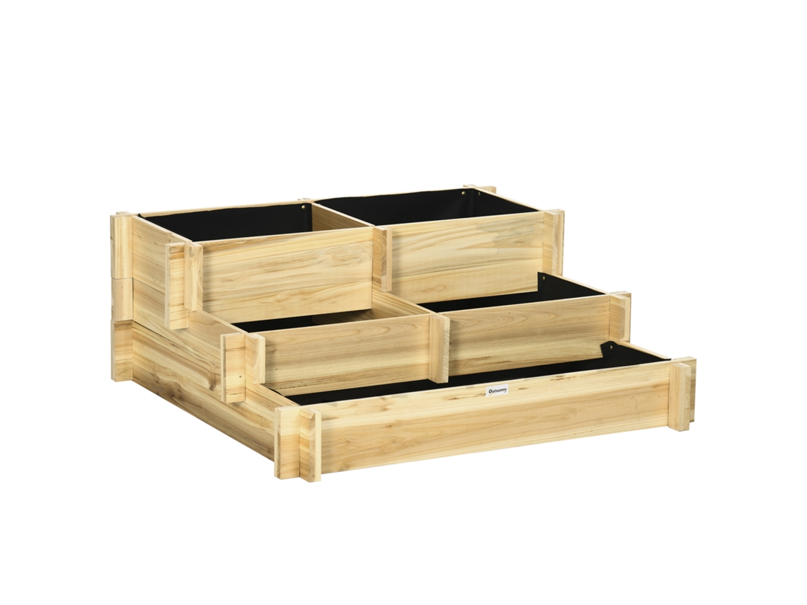 Macetero Elevado De 3 Niveles, 93x93x35 Cm, Con Drenaje, De Tela Y De Madera.