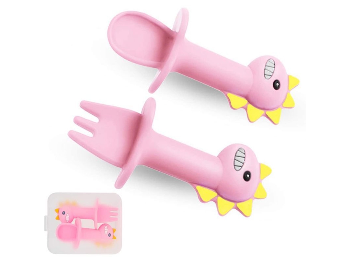 Juego De Cuchara Y Tenedor De Silicona Para Bebés, Ideal Para El Aprendizaje De La Alimentación Independiente, Con Barrera Antidesgarro (rosa).
