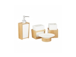 Relaxdays Juego De Accesorios De Baño Moderno, Bambú-cerámica, Beige-blanco, 4 Unidades