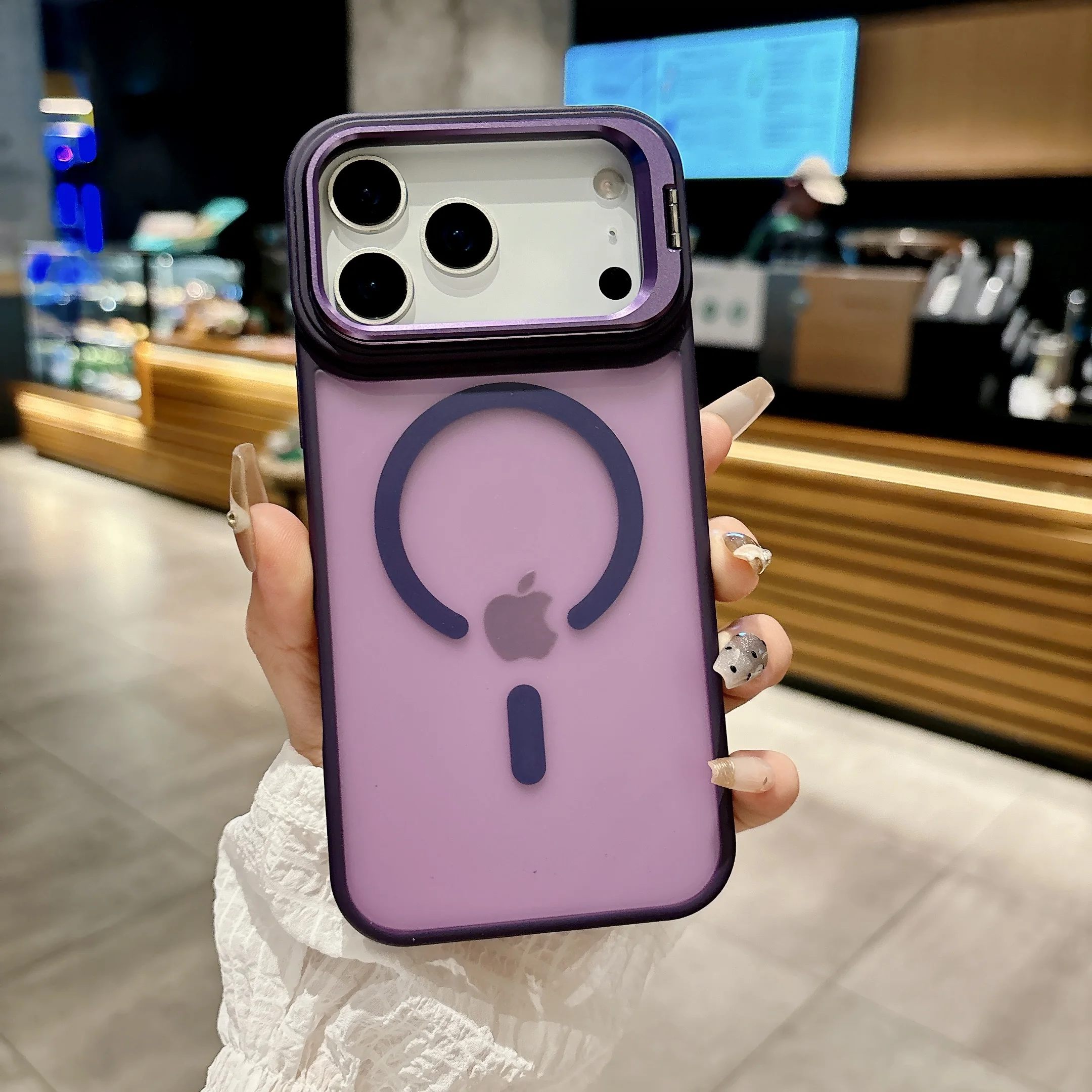 (iphone 17 Pro, Morado) Funda Protectora Magnética Translúcida Mate Para Iphone Con Soporte Metálico Y Compatibilidad Con Magsafe.