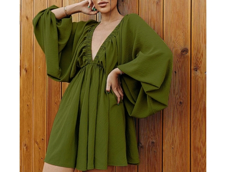 Falda FYY Corta Manga Farol Escote Pico Vestido Vintage(L)