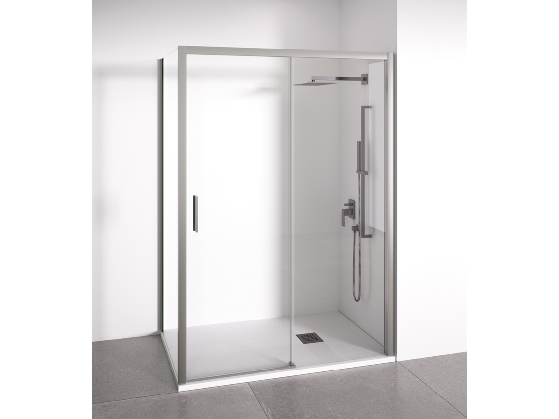 BELLOBATH Mampara de Ducha Angular 1 Corredera + 2 fijos Cristal 6mm antical Plata Brillo Ancho Adaptable 140-145x87-90 cm Puerta derecha