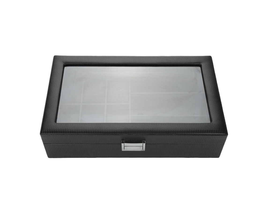 Soporte de lujo para reloj y gafas en piel sintética de carbono negro para relojes y gafas