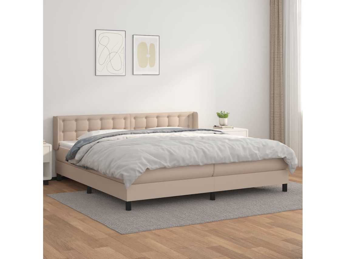 Cama Box Spring Con Colchón Cuero Sintético Capuchino 200x200cm
