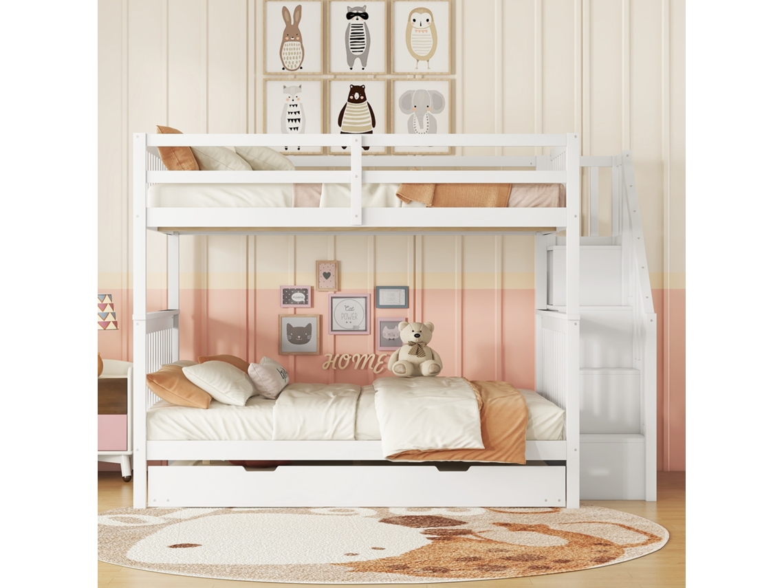 Litera de madera de pino de 140 x 200 cm con 2 cajones y una cama extra blanca