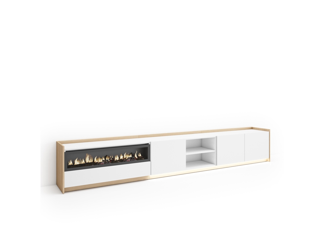 Mueble Tv, Televisión, 310x37x50cm, Para Tv Hasta 80", Chimenea Eléctrica, Led, Blanco Y Roble Soft