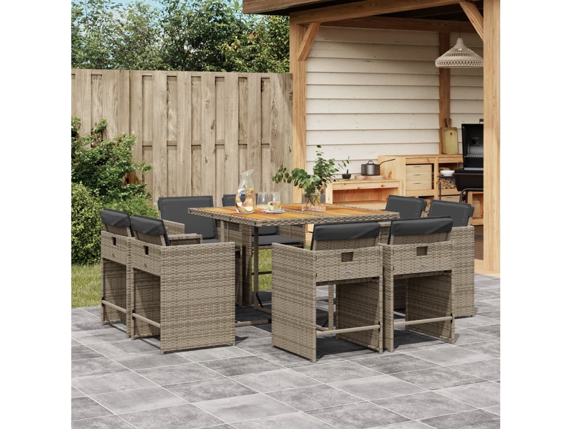 Conjunto de comedor de jardín DKD Home Decor de 9 piezas con cojines, ratán gris