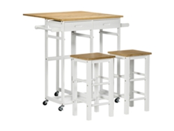 Conjunto de mesa de bar plegable con ruedas + 2 taburetes en blanco y madera clara - 2 cajones y toallero