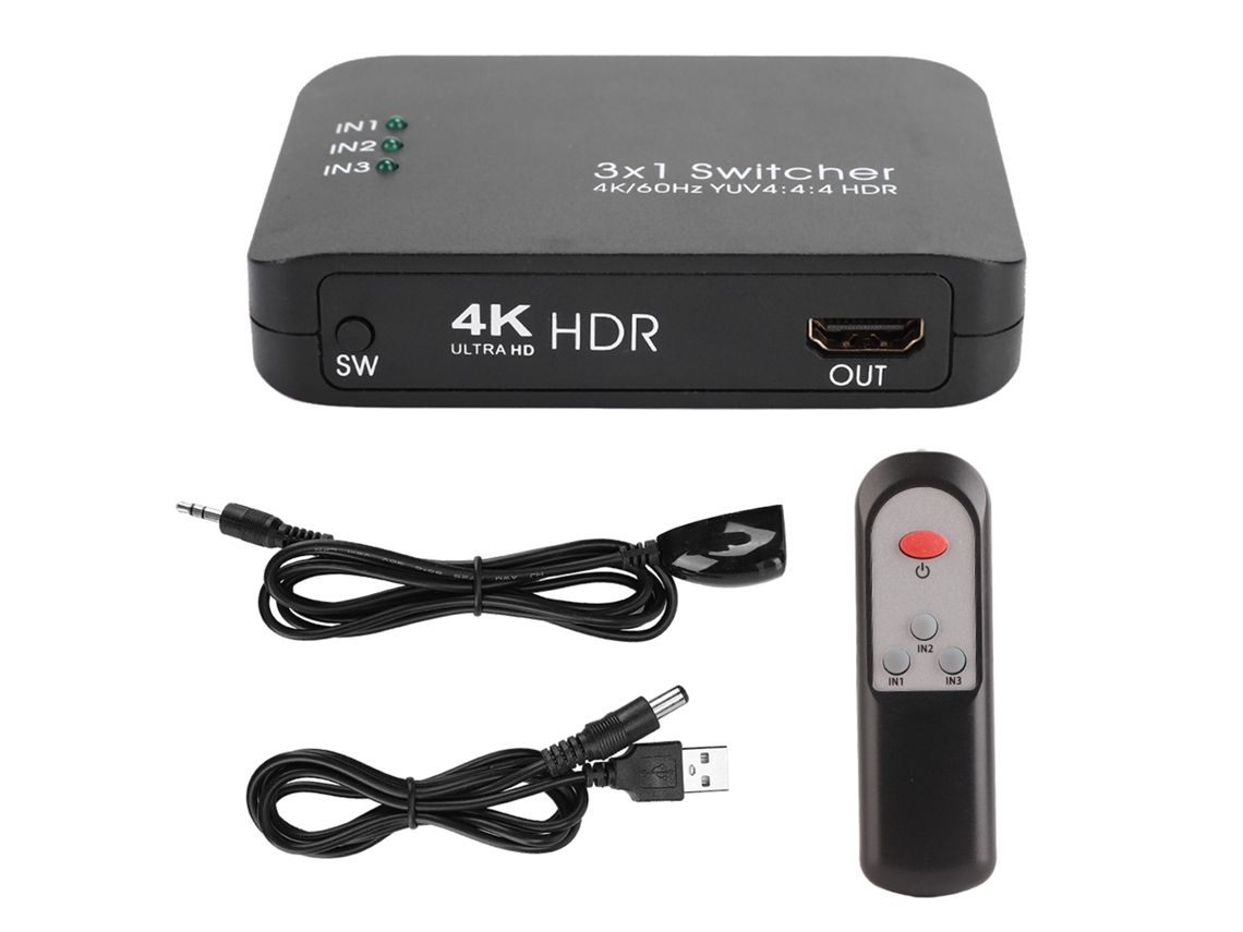 Conmutador Hdmi 2.0 3x1 4k 60hz Con Control Remoto Ir E Indicador Led Negro.