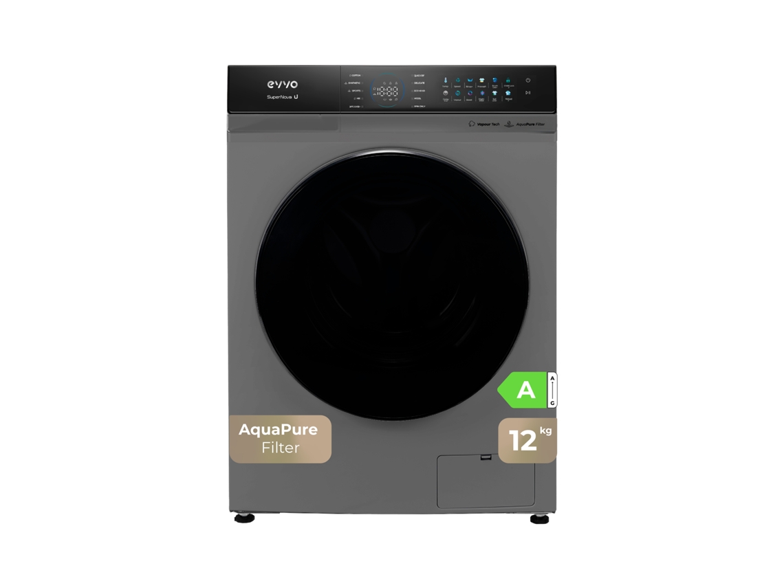 Evvo Lavadora 12 Kg Supernova U12x, 1350 Rpm, Clase A, Motor Inverter, 14 Programas, Vapor Steam Wash, Smart Load, Inox