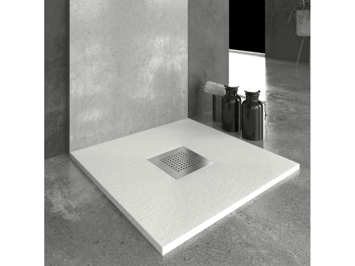 Base de ducha de resina color pizarra blanca de 90x80 cm con rejilla de acero inoxidable RC