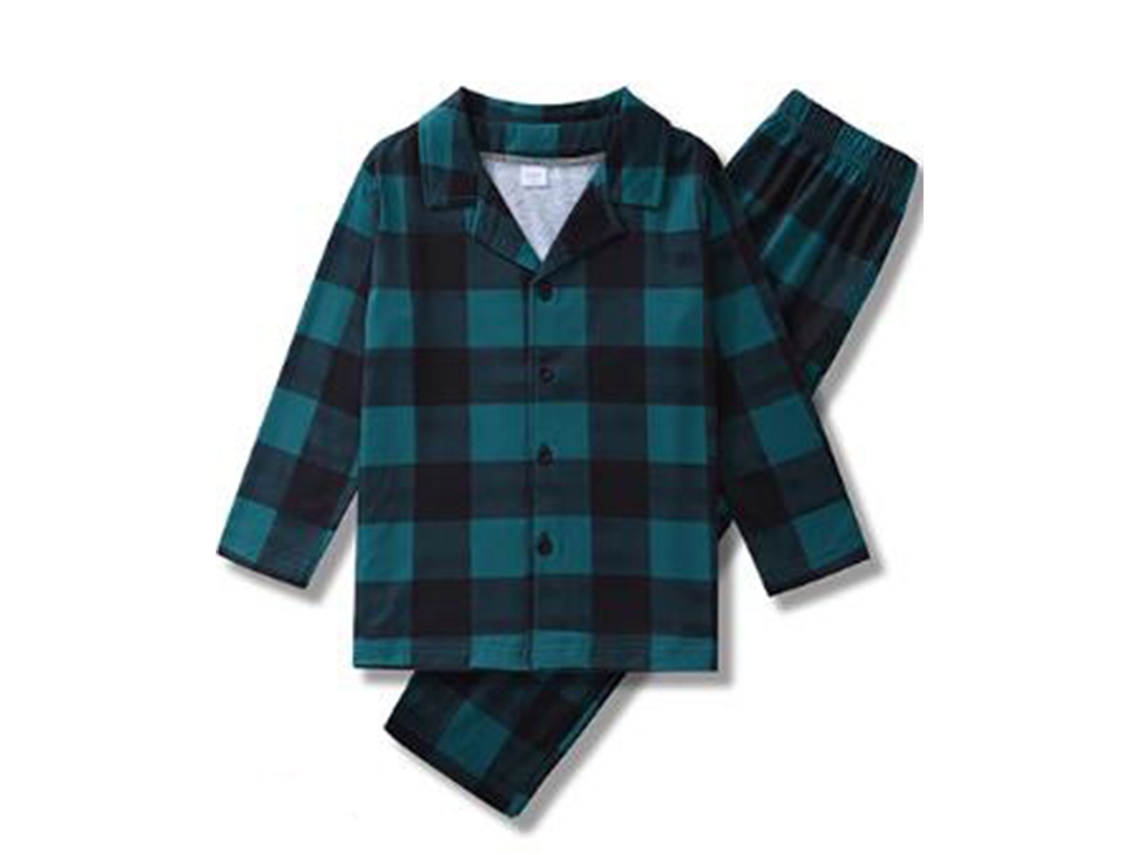 2026altiro-pijamas Navideños Para Niño 4-5y Con Cuello Bajo, Mangas Largas Y Estampado De Cuadrícula Verde Oscuro
