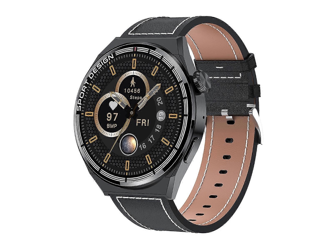 Reloj inteligente HDT Max de 1,60 pulgadas con esfera negra y correa de cuero, resistente al agua IP68 y compatible con llamadas Bluetooth. Ly Ebike