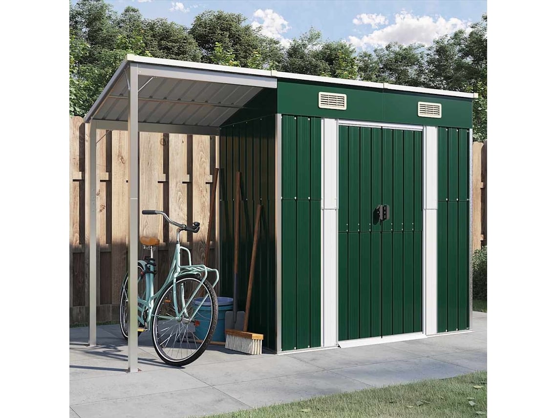 Caseta de jardín con porche, 277 x 110,5 x 181 cm, acero verde, DKD Home Decor