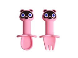 Talheres De Para Bebé, Colher E Garfo De Silicone Para Bebês, Com Anti-engasgo (rosa - Guaxinim) Spqment