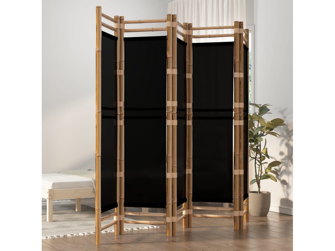 Biombo Plegable De 5 Paneles Bambú Y Lona 200 Cm