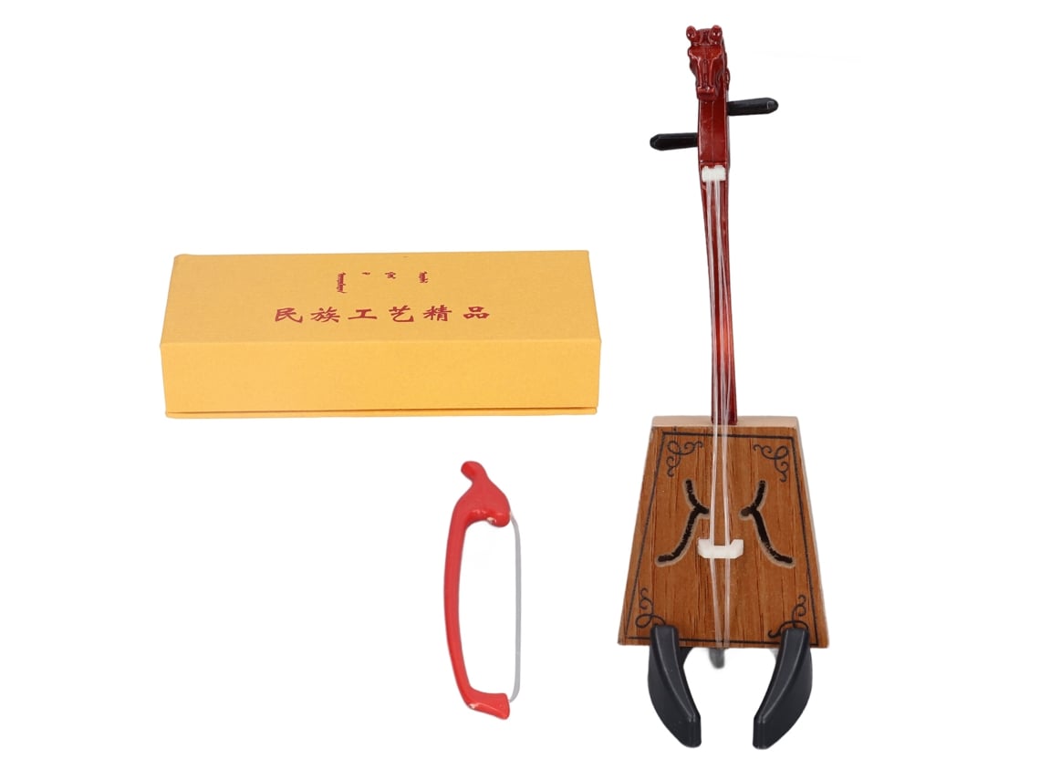 Modelo Miniatura De Instrumento Musical Etnico Chines Matouqin Feito A Mao Com Estojo E Suporte