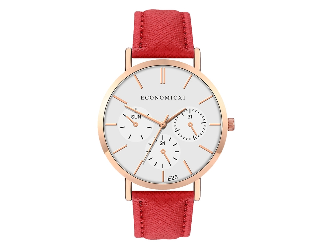Reloj De Pulsera Sencillo Y Elegante Para Mujer Con Correa De Pu Y Esfera De Cuarzo Roja.