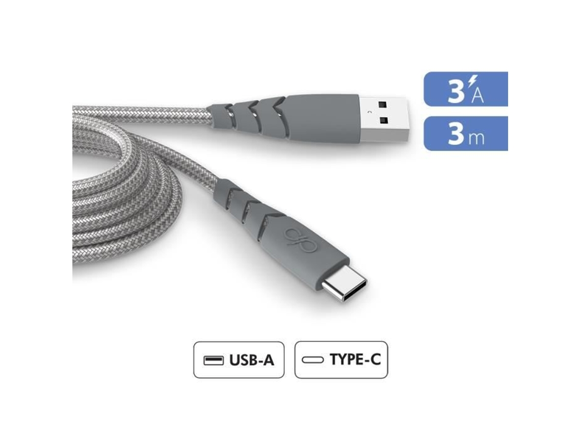 Cable Usb A/Usb C Ultra Reforzado 3M 3A Garantía de por Vida Plástico Gris 100% Reciclado FORCE POWER