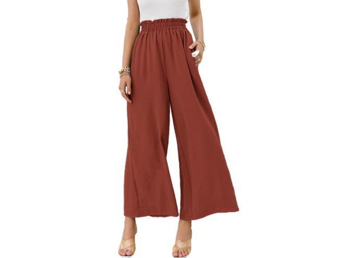 2026-pantalones Boho De Cintura Alta Para Mujer Pantalones Anchos Fluyentes De Tela Ligera M Rojo Ladrillo