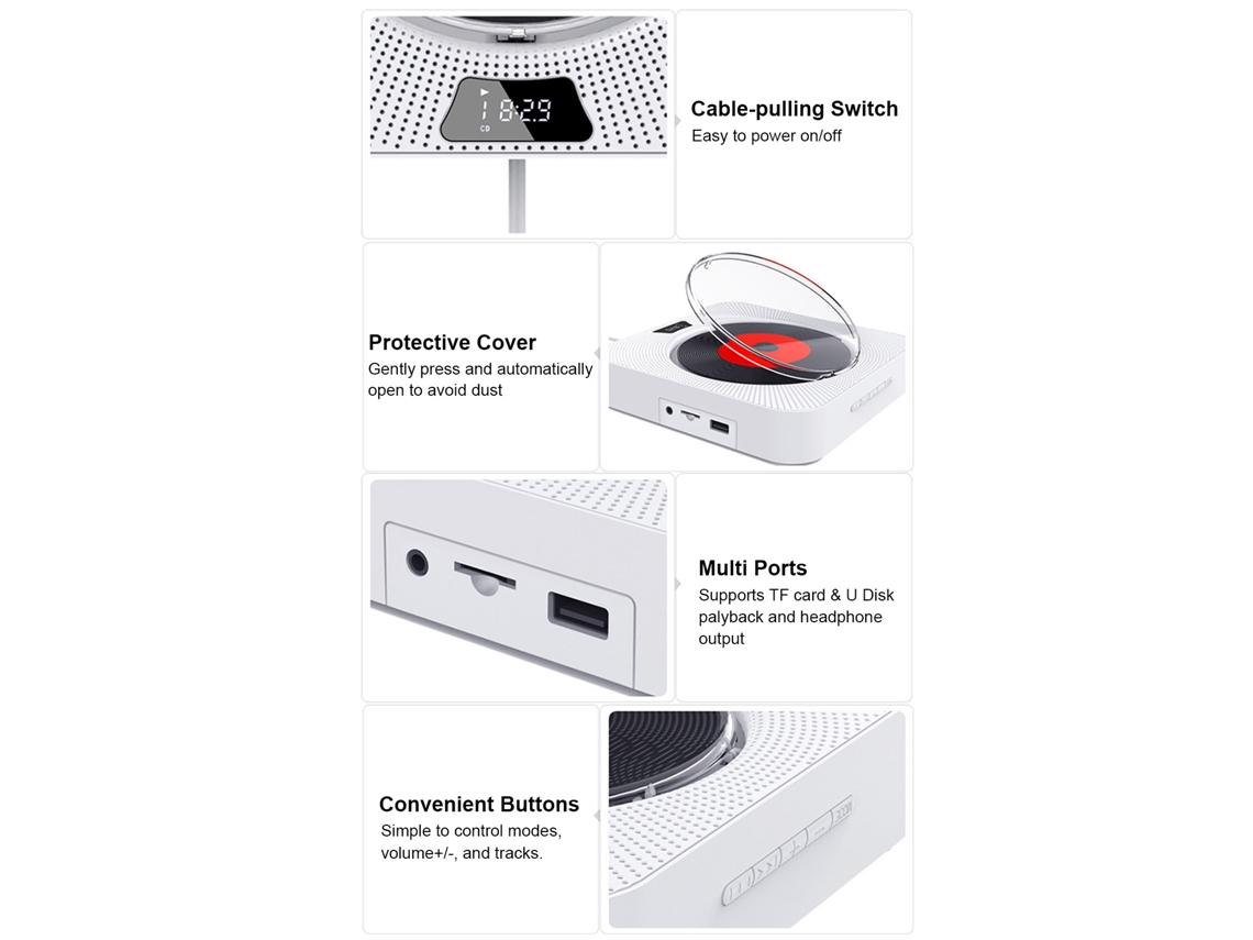 Reprodutor De Cd Com Alto-falante Bluetooth Controle Remoto Rádio Fm Cartão Tf Pen Drive Para Parede E Mesa