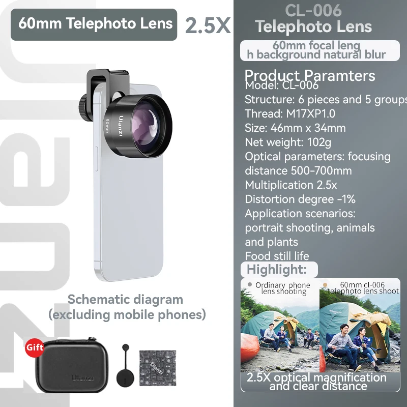 Kit de teleobjetivo de 75 mm para teléfonos móviles con montura de clip, lente de aumento ultra de 0,5x y lente ojo de pez externa, para iPhone 16/15