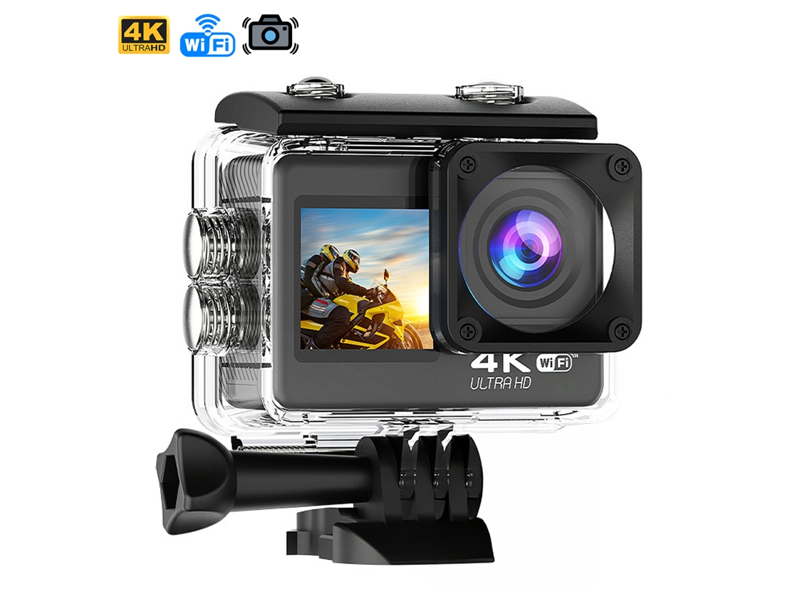 Cámara deportiva AT-S60 TR 4K 60fps con 24 MP, pantalla dual de 2'' y 1.3'', estabilizador de imagen, varios accesorios y Wi-Fi.