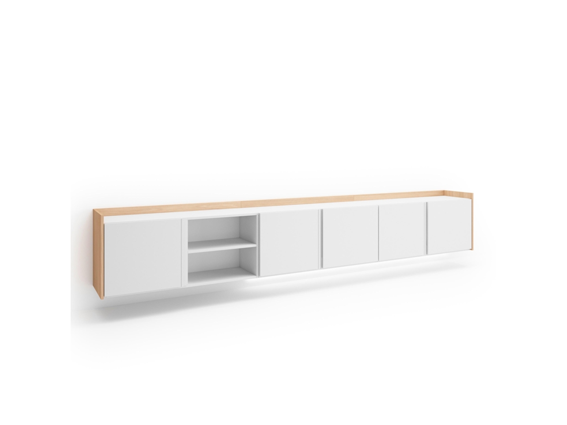 Mueble Tv, Televisión, 309x35x50cm, Para Tv Hasta 80", Colgado, Suspendido, Led, Blanco Y Roble Soft