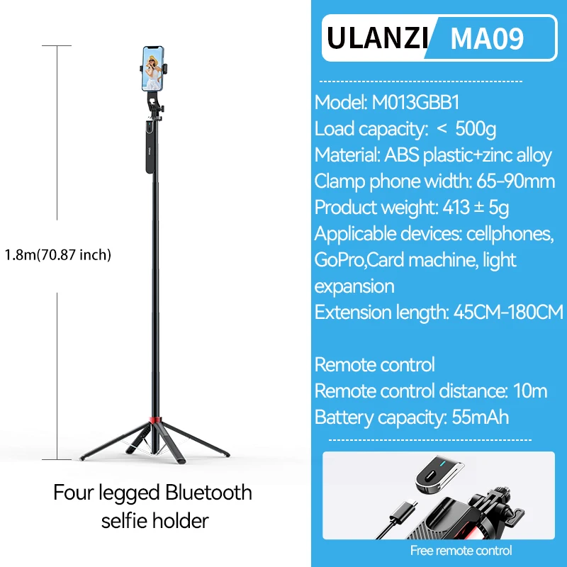 Trípode selfie de 1,8m con control remoto y cabezal panorámico, compatible con iPhone 16/15 y teléfonos Android.