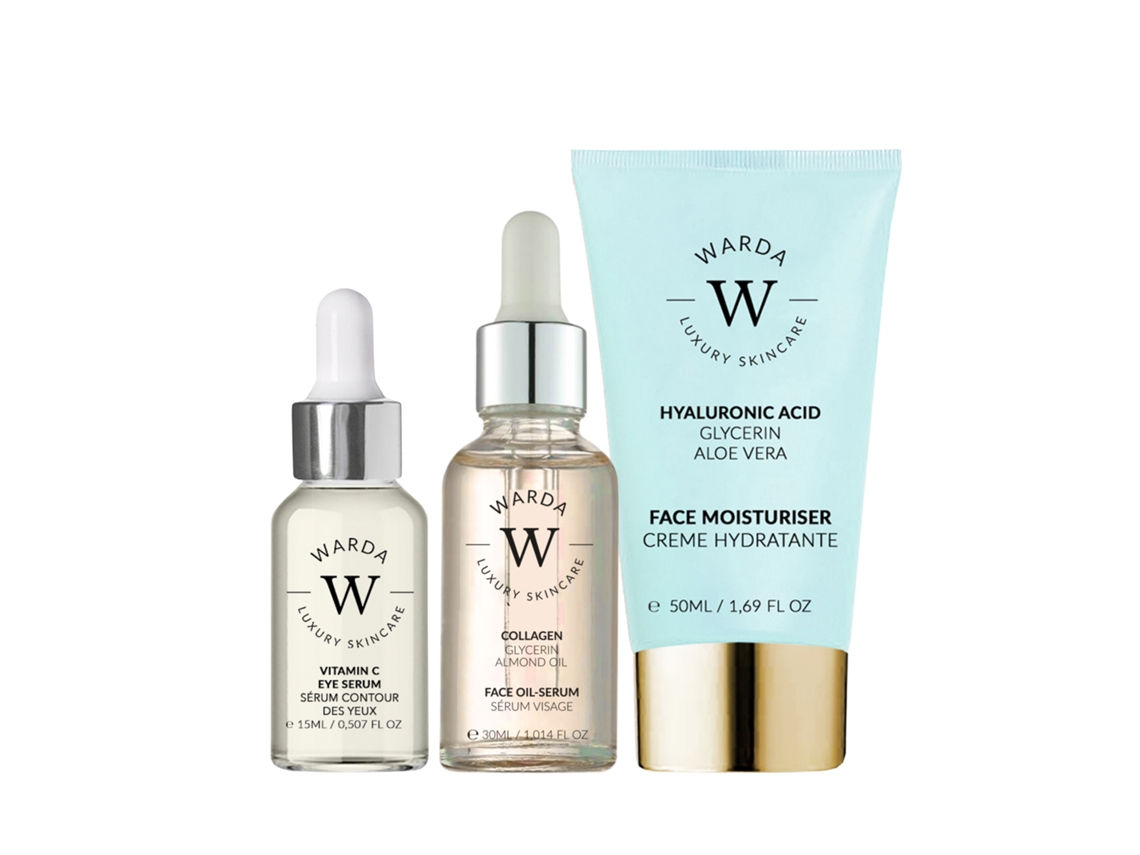 Suero iluminador para ojos con vitamina C (15 ml) + Suero de aceite con colágeno reafirmante (30 ml) + Hidratante con ácido hialurónico (50 ml)