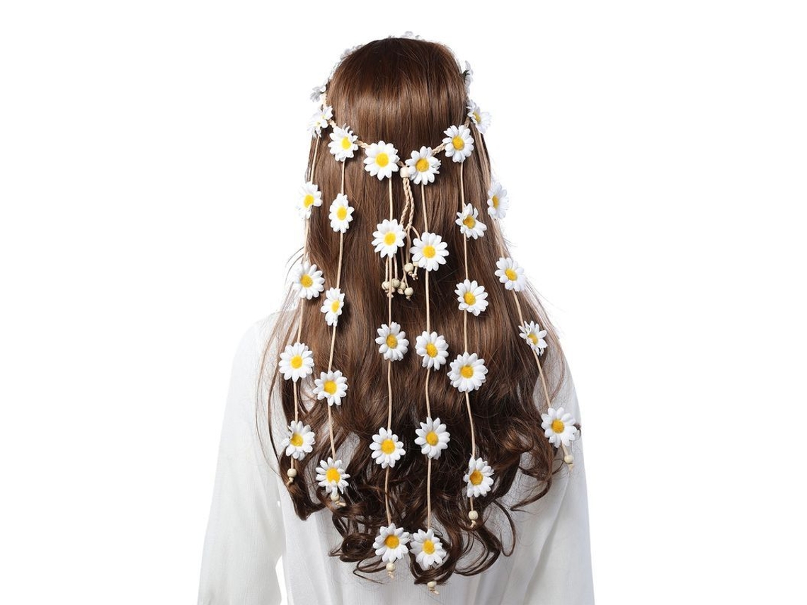 Tiara Hippie Floral Con Girasoles, Perlas Y Correa Ajustable - Accesorio Para El Cabello