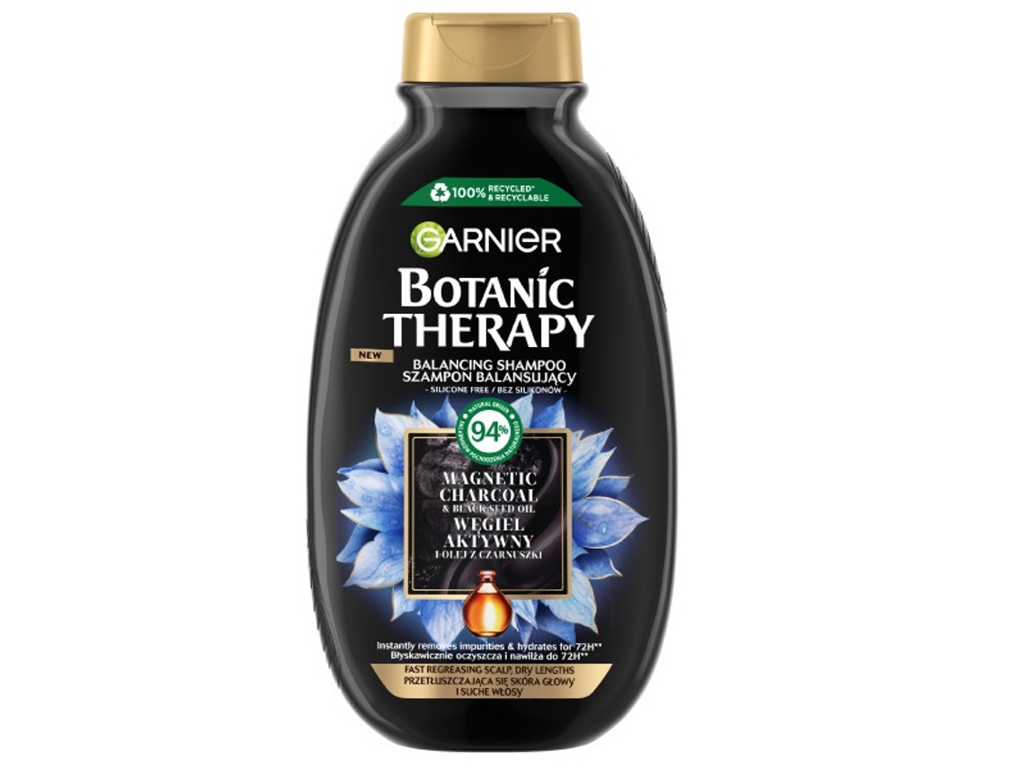 Champú con aceite de peine negro de carbón Botanic Therapy, equilibra el cabello graso y calma el cuero cabelludo seco, 400 ml Garnier