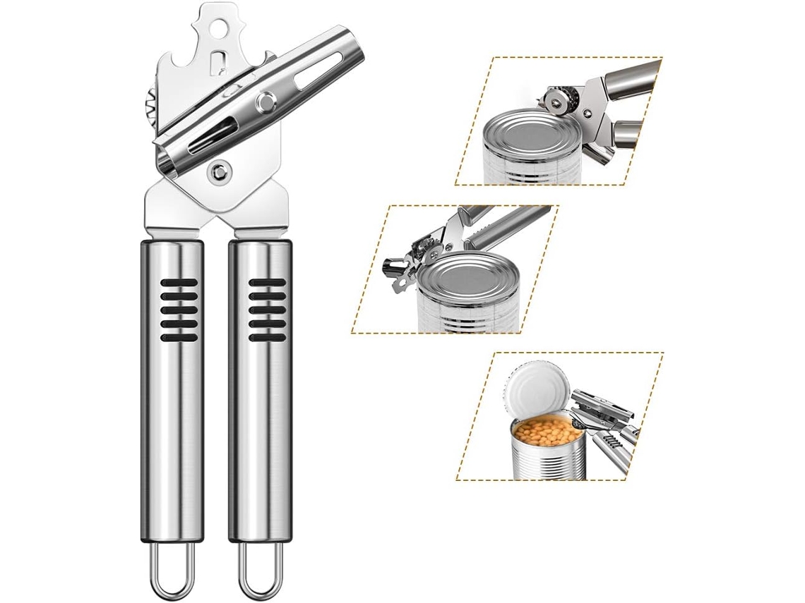 JILLIOPER Abrelatas 3 en 1, Abridor de Lata de Acero Inoxidable Resistente para Cocina, Corte Seguro y Borde Suave, con Mango Antideslizante para Mayores con Ar