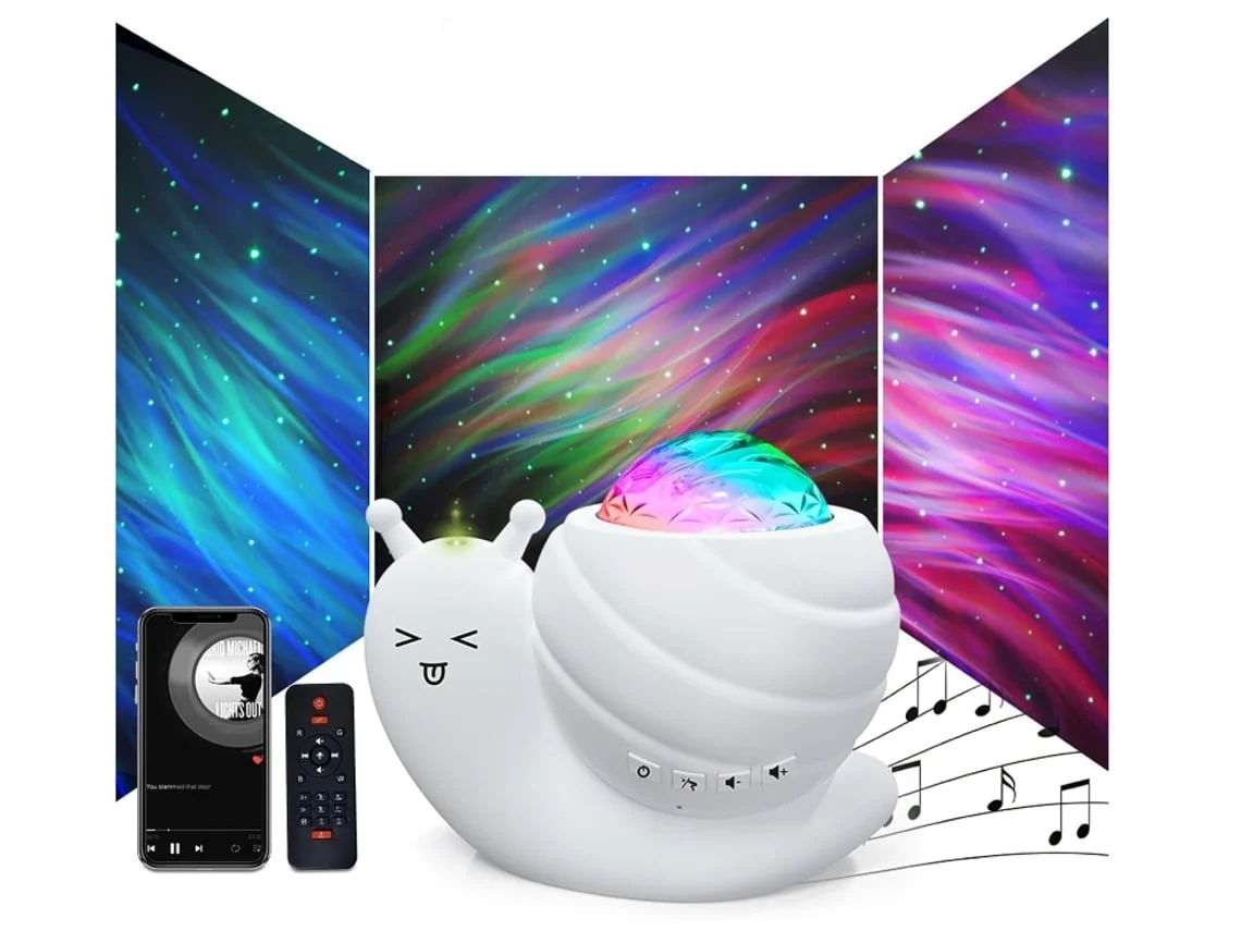 Proyector de estrellas, luz nocturna, aurora, galaxia, 4 en 1, caracol, luces nocturnas para niños, para dormitorio, con altavoz Bluetooth, Vledary