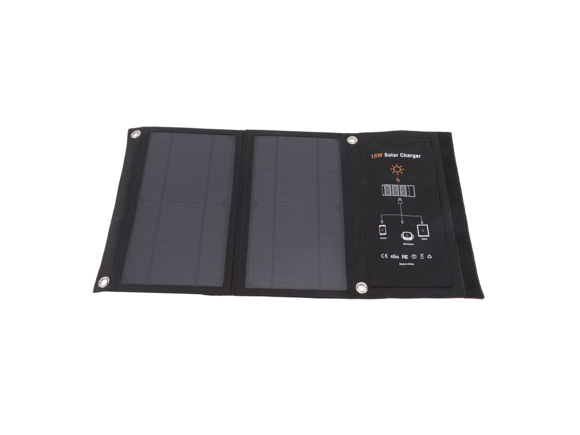 Cargador plegable de panel solar monocristalino de 15 W con dos puertos USB para teléfonos móviles y dispositivos portátiles.