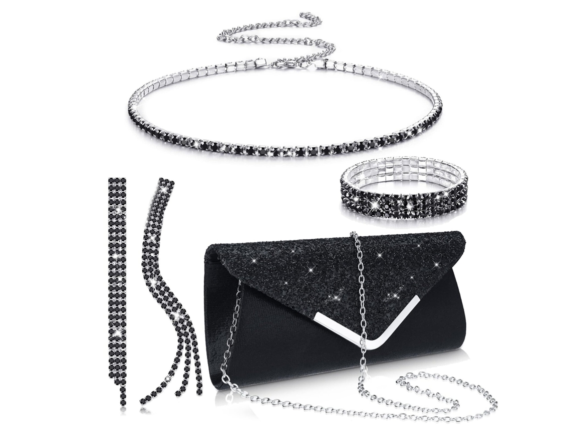 Conjunto de 4 piezas para mujer con bolso de noche con diamantes de imitación, pendientes, collar y pulsera brillante (negro) Eifson