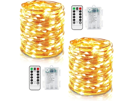 Juego de 2 Cadenas de Luces LED 10 m 100 8 Modos Iluminación Exterior Alambre de Cobre Funciona con Pilas Impermeable IP67 con Control Remoto y Tem...