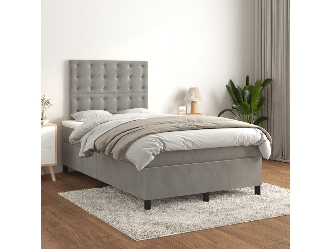 Cama Box Spring Con Colchón Terciopelo Gris Claro 120x200 Cm