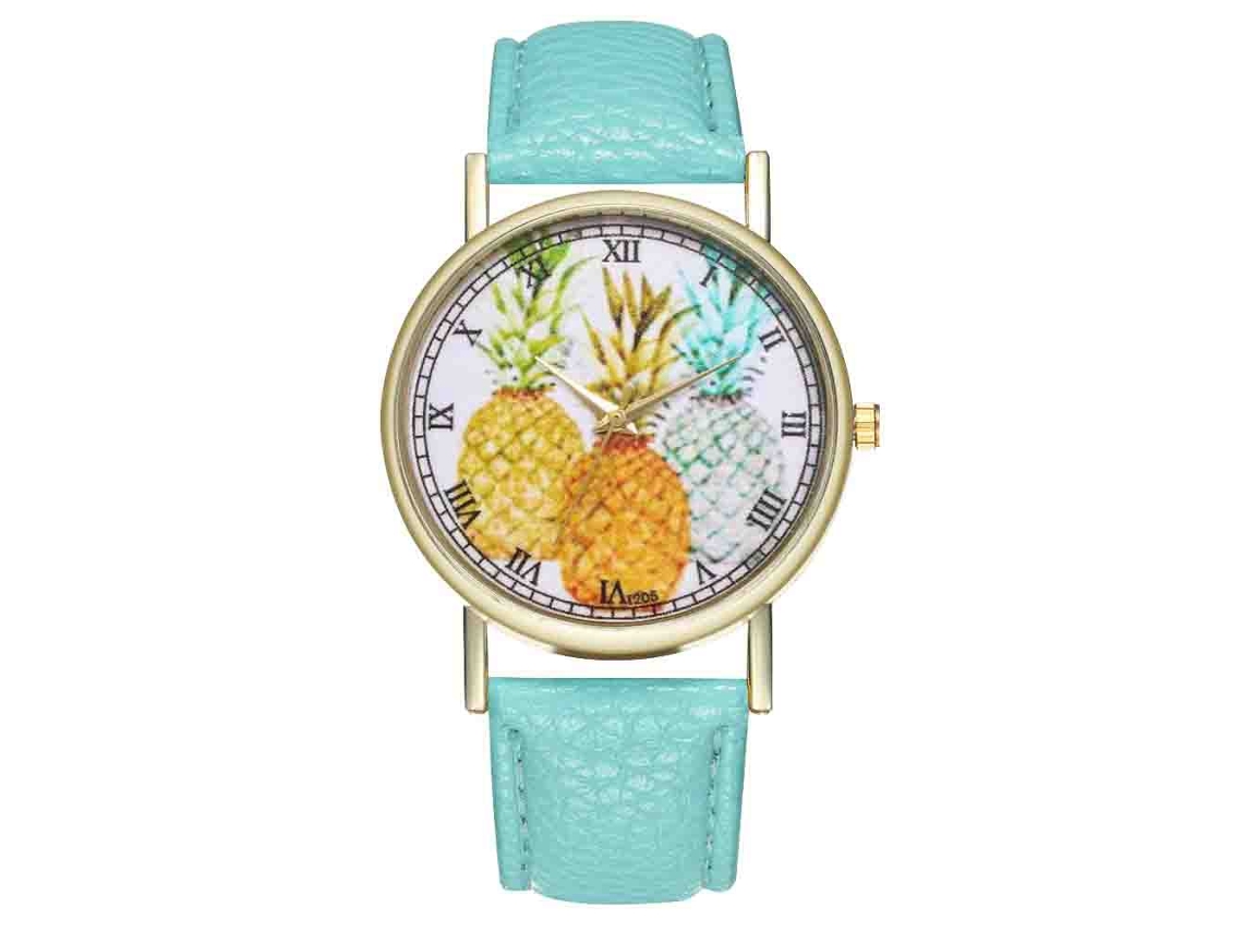 Reloj De Pulsera Unisex Con Correa De Pu Con Estampado De Piña, Esfera Redonda Y Movimiento De Cuarzo Verde Menta.