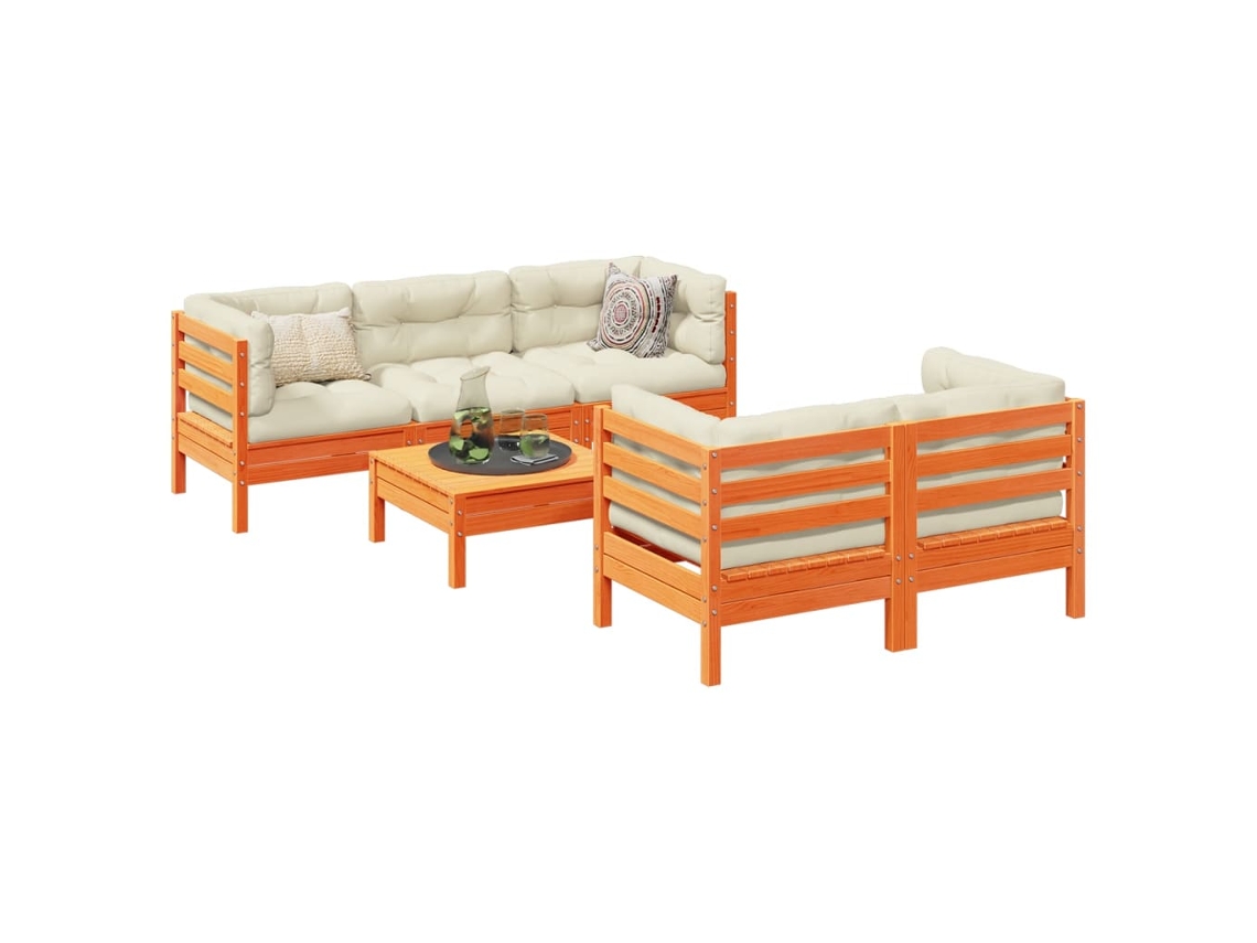 Conjunto de sofá de jardín con cojines, pino macizo, marrón encerado, DKD Home Decor