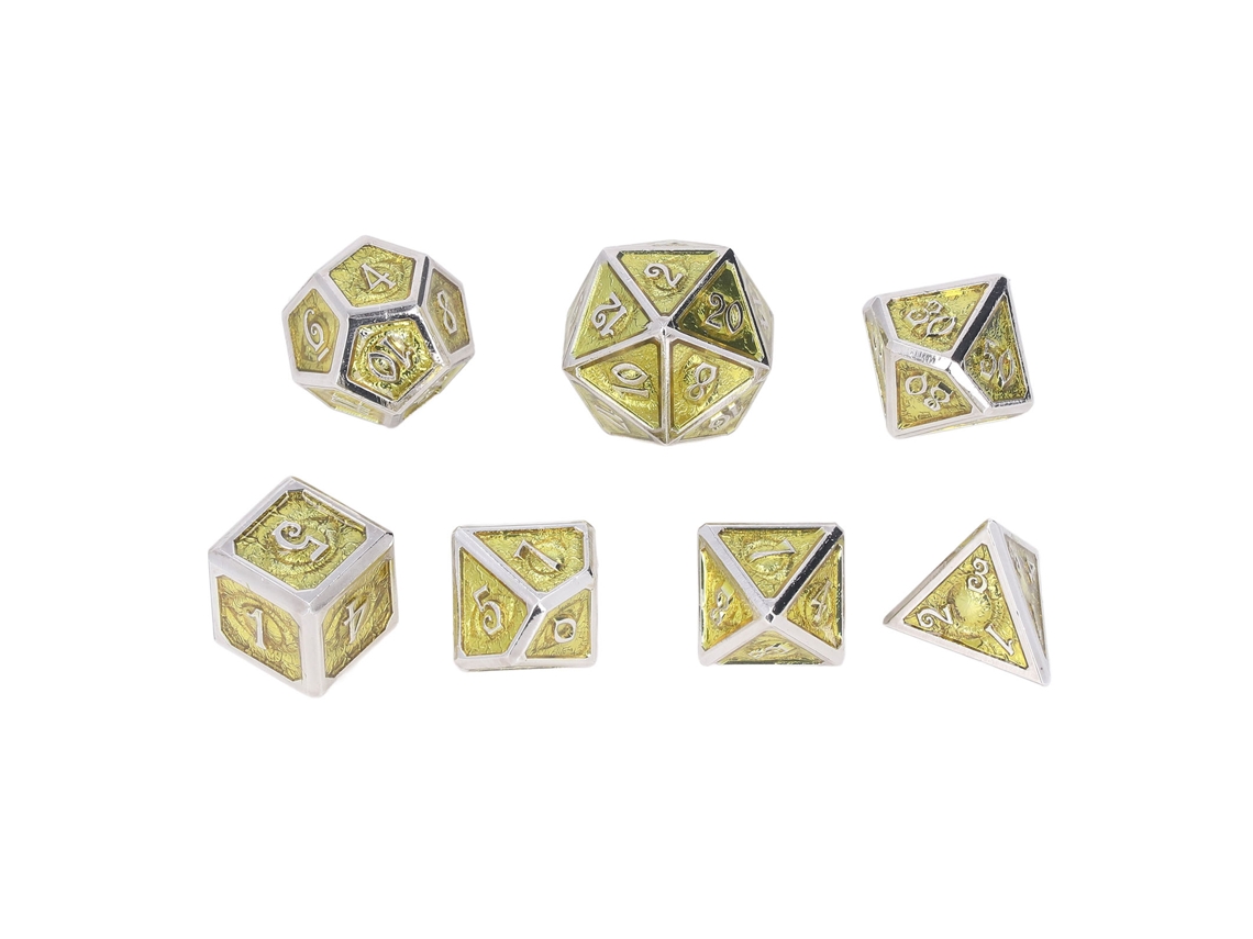 Mali 7pcs Dados de Metal com Padrão de Olho de Demônio Poliedro para Jogo e Ensino Matemático Amarelo