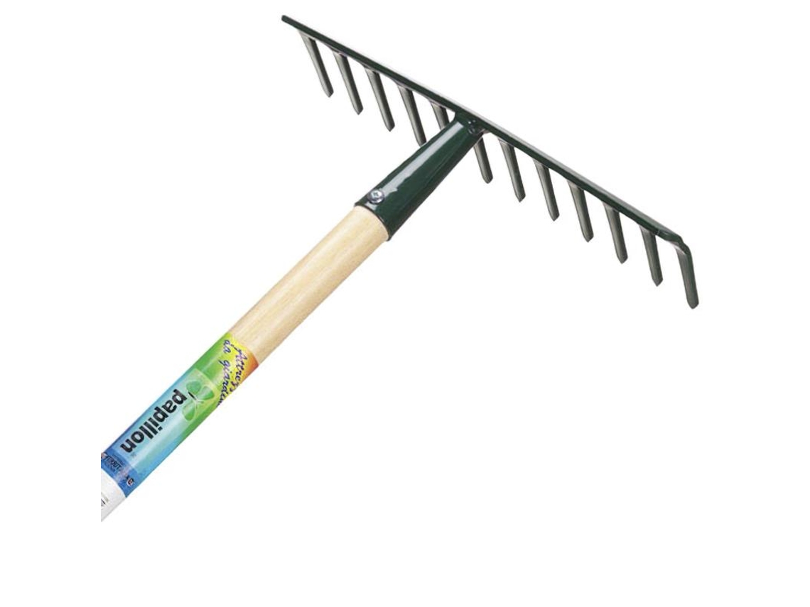 Rastrillo jardin papillon 14 puas mango de madera 130 cm.