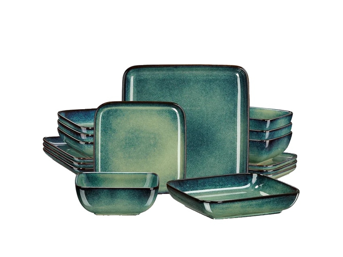 Juego de comedor, diseño cuadrado verde, material cerámico, verde, 16 piezas OEM