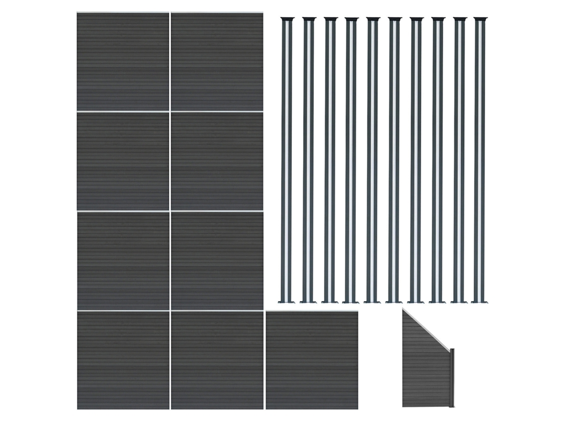 Valla exterior WPC 185 x 1657 cm | Gris | 9 paneles rectos, 1 oblicuo, 10 postes con LED solar | Panel de doble cara | Monstershop