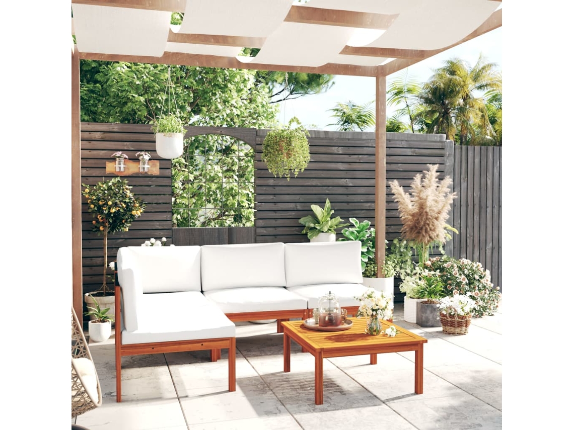 Pcs Conjunto Lounge Jardim C/ Almofadões Acácia Maciça Creme Dkd Home Decor
