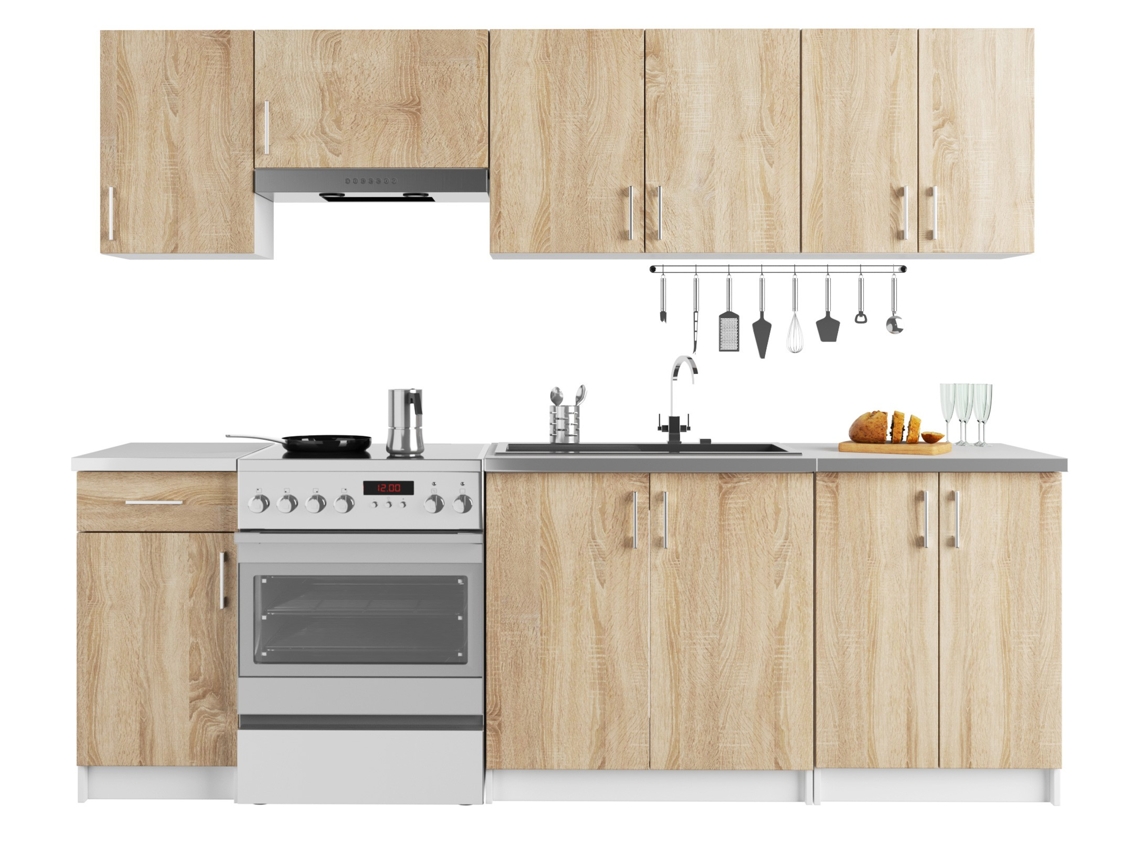 Conjunto de cocina AKORD LIMA 2.4m Blanco 240 cm 11 puertas 1 cajón color Roble Sonoma mate 12 estantes 240x44,5x203 cm AKORD FURNITURE FACTORY