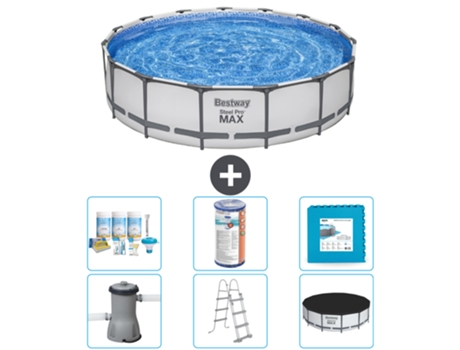 Piscina BESTWAY Round Steel Pro MAX - 457 x 107 cm - Gris - Incluida bomba - Escalera - Cobertor Paquete de mantenimiento - Filtrar - Baldosas