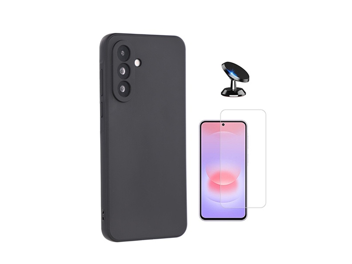 Kit De Cristal Templado Clearglass Funda De Silicona Líquida Soporte Magnético Para Coche Phonecare Para Samsung Galaxy A27 - Negro