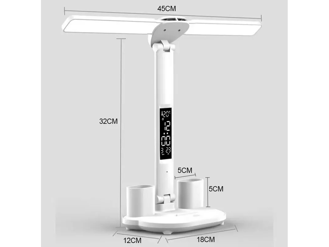 Lámpara de mesa LED con reloj y dos cabezales giratorios de 180°, carga USB e intensidad de luz ajustable. MDUG