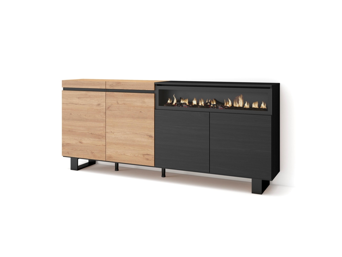Aparadores para salón 200x87x35cm 4 Puertas Chimenea eléctrica Diseño industrial Roble y negro